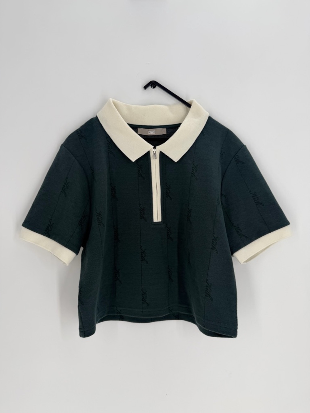 Kith Taylen Pique Logo Jacquard Knit Polo Dark Green Zip Placket Cropped Shirt